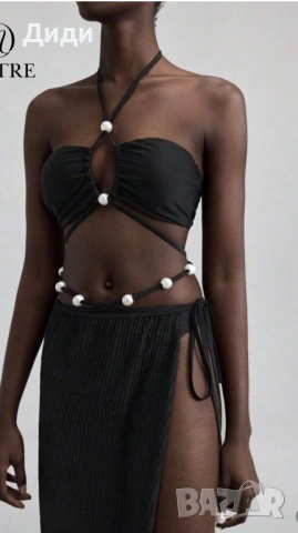 Черен бански с перли, връвки и пола, снимка 2 - Бански костюми - 53157268