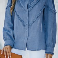 Дамска риза с дълъг ръкав и къдрички в син цвят, снимка 4 - Ризи - 40148800