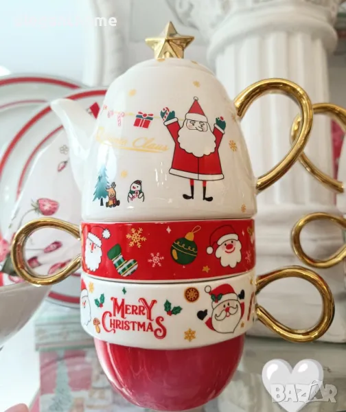 Порцеланов комплект - чайник и 2 броя чаши за чай/капучино КОЛЕДА, снимка 1