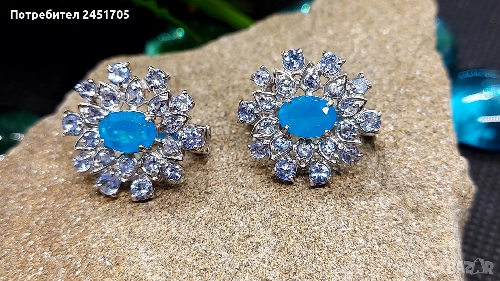 Сребърни обици с натурални танзанити и Син опал , снимка 1