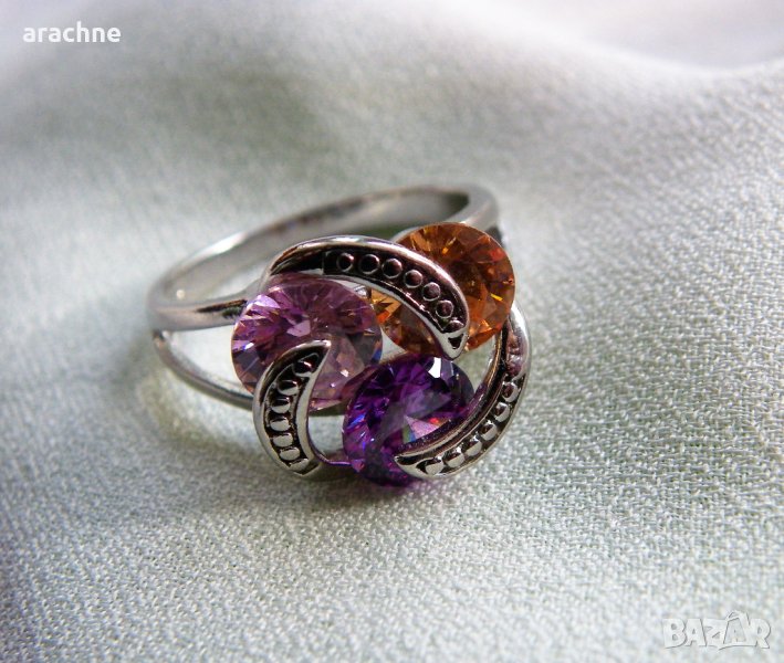 Сребърен пръстен с три цвята турмалини, снимка 1