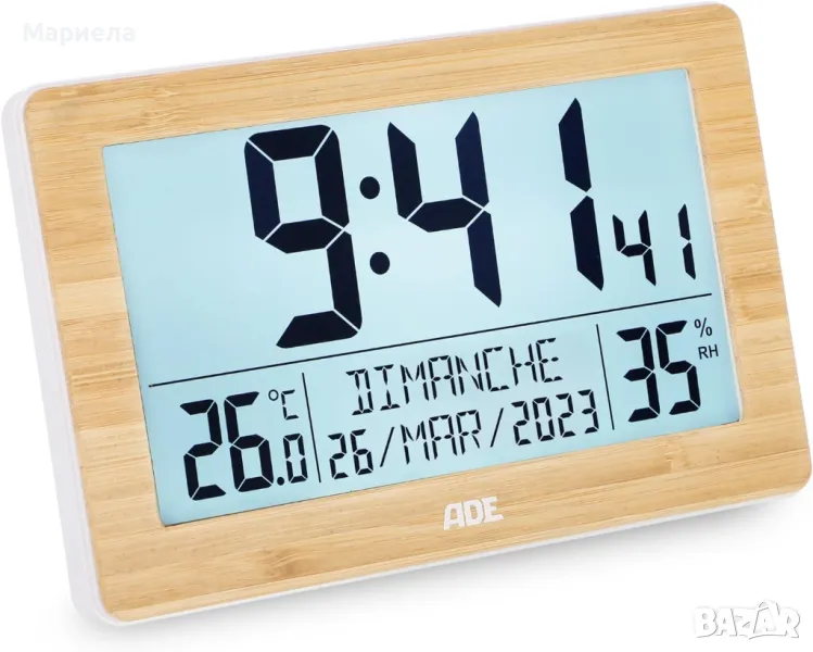 Цифров настолен часовник с естествена бамбукова рамка / Стенен часовник с двойна аларма, термометър, снимка 1