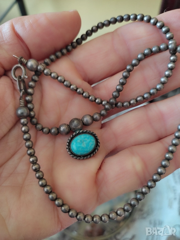 Старо сребърно колие с тюркоаз, снимка 1