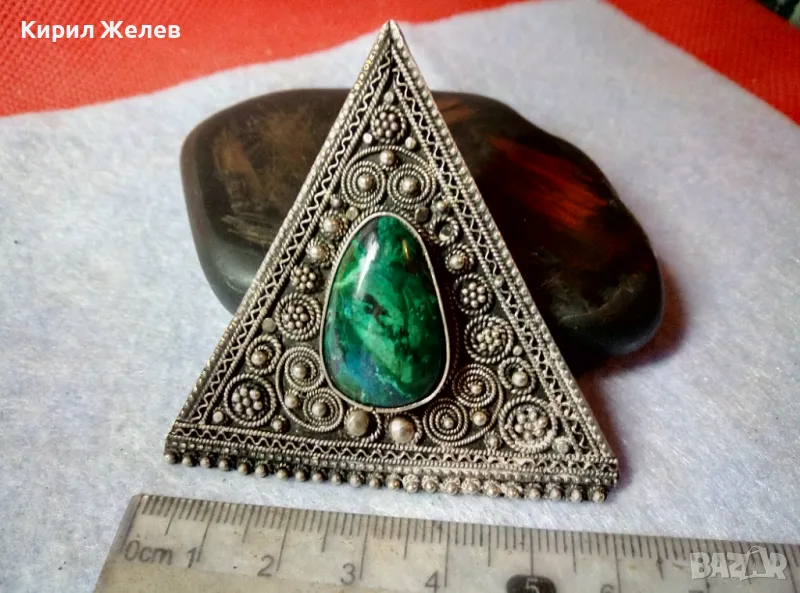 ПРЕЛЕСТНА СТАРИННА СКЪПОЦЕННА ФИЛИГРАННА СРЕБЪРНА БРОШКА ВИСОКА ПРОБА СРЕБРО с МАЛАХИТ 47540, снимка 1