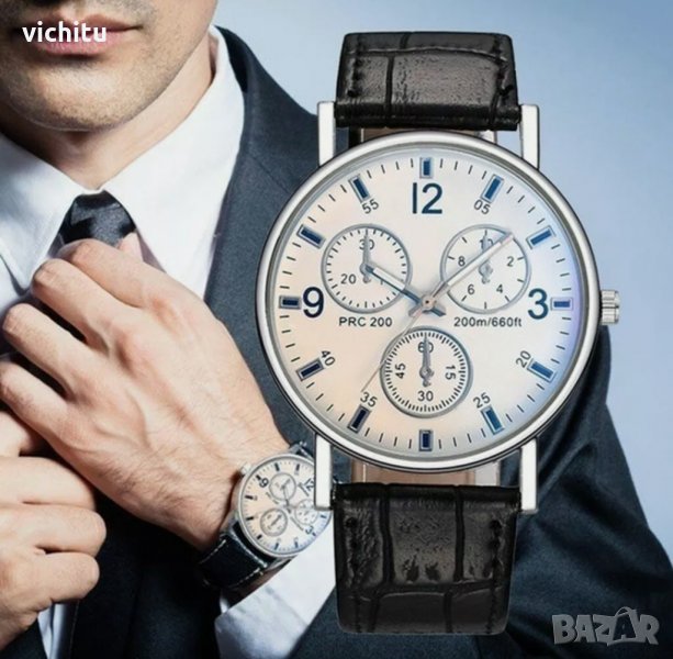 Красив нов бял мъжки ръчен часовник със светъл циферблат и черна кожена каишка., снимка 1