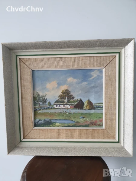 45х40см/малка картина масло върху платно/селски пейзаж/поляна-къща-кокошки/дървена рамка, снимка 1