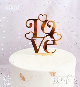 Love 2 реда и сърца твърд акрил златен топер украса декор за торта, снимка 1