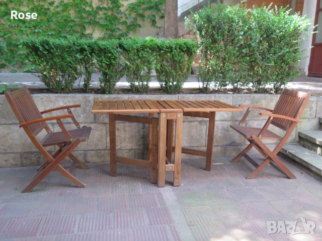 Тиково дърво-двойно сгъваема маса и 2бр.столове  ,Скандинавски мебели, снимка 2 - Градински мебели, декорация  - 50879162