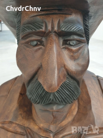 70см-50кг ръчна дърворезба статуя/голяма дървена скулптура/фигура-бюст на мексиканец-каубой, снимка 2 - Статуетки - 52020340