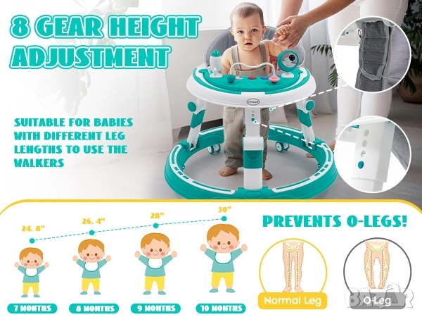Регулируема бебешка проходилка 3в1, сгъваема, ергономична, синя, снимка 10 - Проходилки - 52571816
