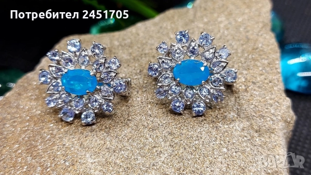 Сребърни обици с натурални танзанити и Син опал 