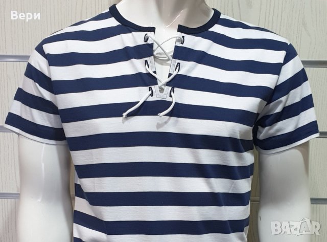 Нова мъжка моряшка тениска с връзки на тъмносиньо/бяло райе, снимка 10 - Тениски - 27950602