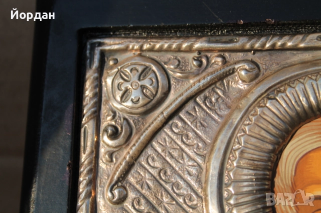 Гръцка икона ръчно рисувана със сребърен обков, снимка 3 - Антикварни и старинни предмети - 52335403