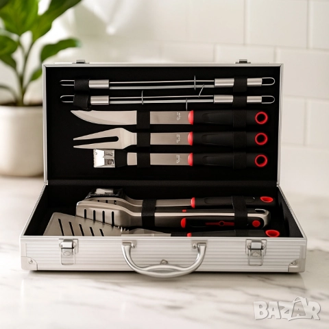 Луксозен комплект от 11 инструмента за барбекю в алуминиев куфар, снимка 3 - Прибори за хранене, готвене и сервиране - 51973070