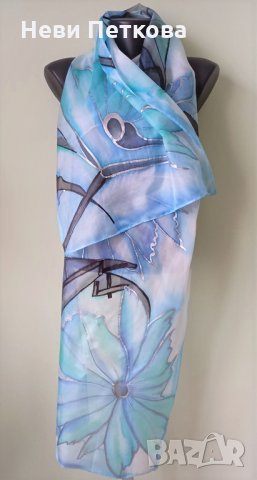 Рисуван копринен шал ЛАЗУРНО, снимка 3 - Шалове - 35617568