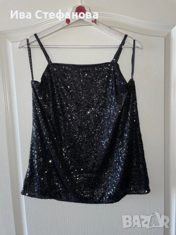 Черен нов еластичен парти коктейлен официален топ потник черни пайети , снимка 5 - Корсети, бюстиета, топове - 43057544