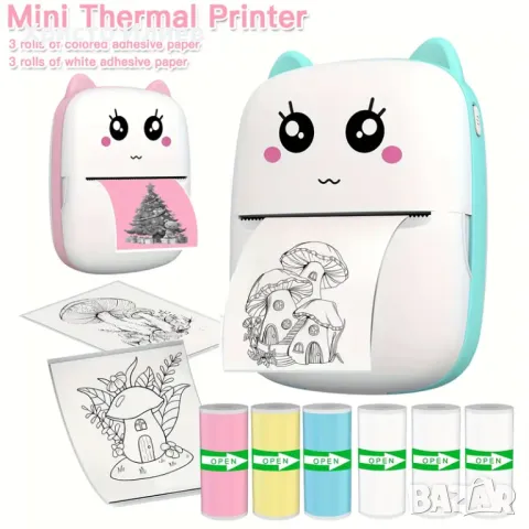 Преносим Мини принтер коте  термопринтер с Bluetooth, снимка 3 - Принтери, копири, скенери - 49255406