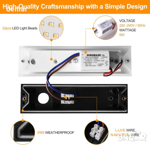 FUDESY LED стенна лампа, 9W 3000K аплик - нагоре и надолу, IP65, модерна черна, снимка 3 - Лед осветление - 50005126