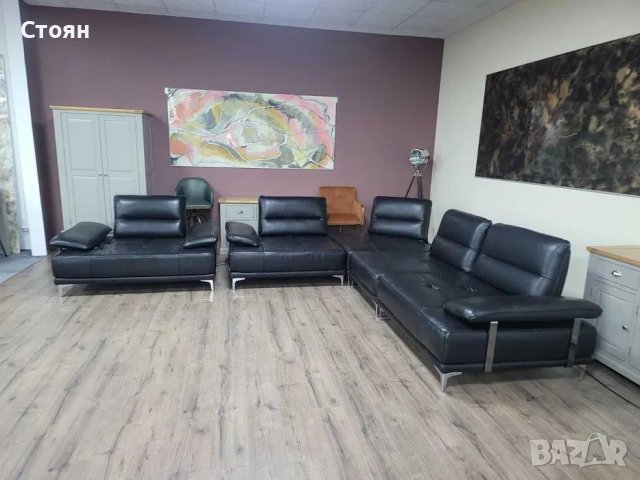 Черен кожен ъглов диван и фотьойл Artemis с електрически облегалки, снимка 2 - Дивани и мека мебел - 43552710
