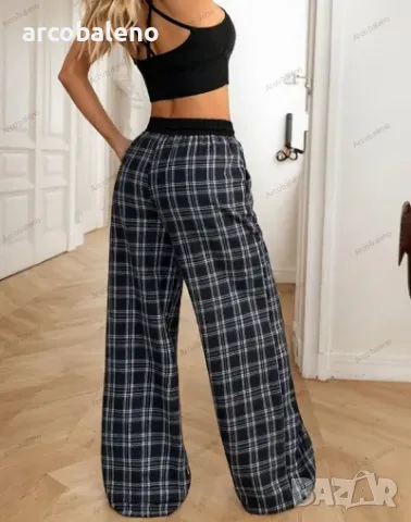 Модни дамски ежедневни карирани широки панталони, снимка 3 - Панталони - 48709161