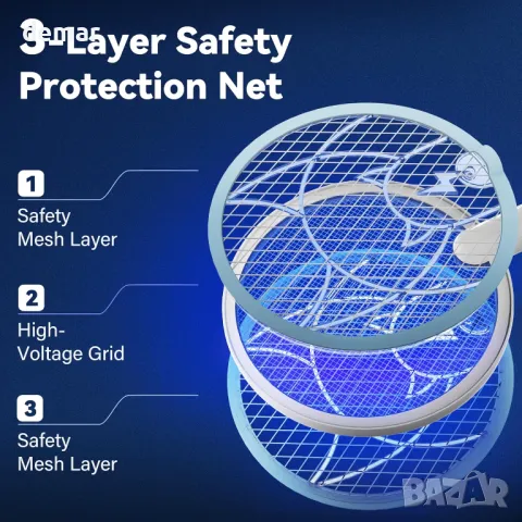 Електрическа ракета за мухи и комари Nymrix, 2 в 1 4100V с акумулаторна батерия 1800 mAh, 2 броя, снимка 6 - Други стоки за дома - 49326066