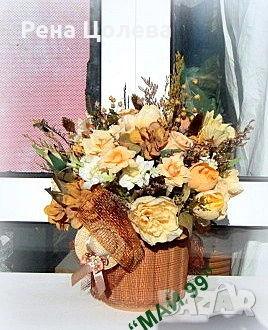 Икебана с рози и сухи треви, снимка 2 - Изкуствени цветя - 53062490