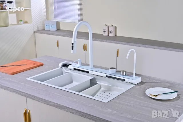 Бяла мултифункционална кухненска мивка с регулируем двоен водопад, снимка 8 - Мивки - 49695378