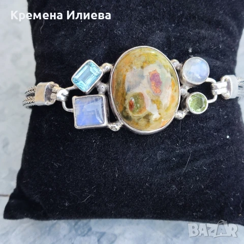 Сребърна гривна с естествени камъни , снимка 1