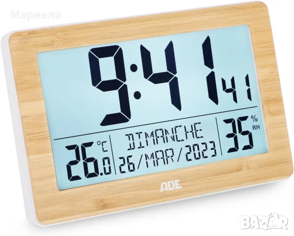 Цифров настолен часовник с естествена бамбукова рамка / Стенен часовник с двойна аларма, термометър