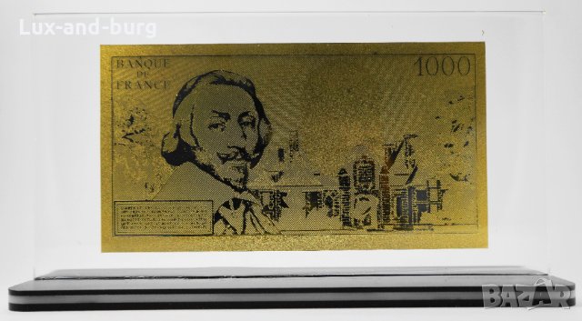 Златна банкнота 1000 Френски Франка (10 нови) в прозрачна стойка - Реплика, снимка 2 - Нумизматика и бонистика - 27080449