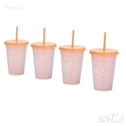 Комплект от 4 пластмасови чаши с капаци и сламки, които променят цвета си, снимка 4 - Чаши - 53488170
