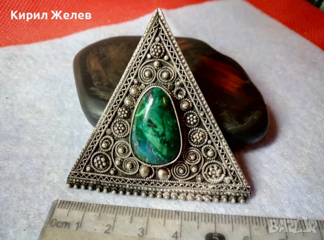 ПРЕЛЕСТНА СТАРИННА СКЪПОЦЕННА ФИЛИГРАННА СРЕБЪРНА БРОШКА ВИСОКА ПРОБА СРЕБРО с МАЛАХИТ 47540