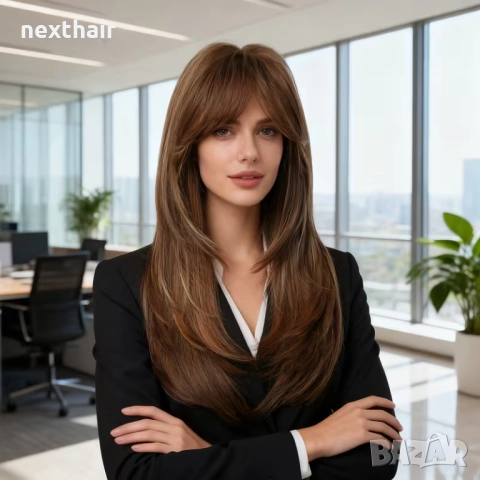 Кафява перука с фини руси кичури и дълъг бретон, снимка 6 - Аксесоари за коса - 52750532