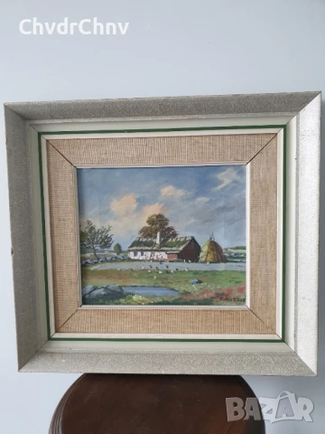 45х40см/малка картина масло върху платно/селски пейзаж/поляна-къща-кокошки/дървена рамка