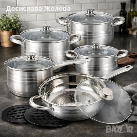 Комплект съдове за готвене 12 части Cheffinger, с индукционно дъно и стъклени капаци – тенджери, кас