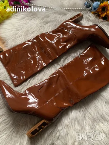 Нови кафяви лачени ботуши на дебел екстравагантен ток, снимка 2 - Дамски ботуши - 48943484