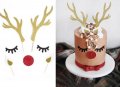 сет коледен елен рога вежди нос брокатени картонени с клечки украса декор за торта, снимка 3