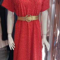 Червена рокля на ситни бели точици с остро деколте, снимка 3 - Рокли - 37500205