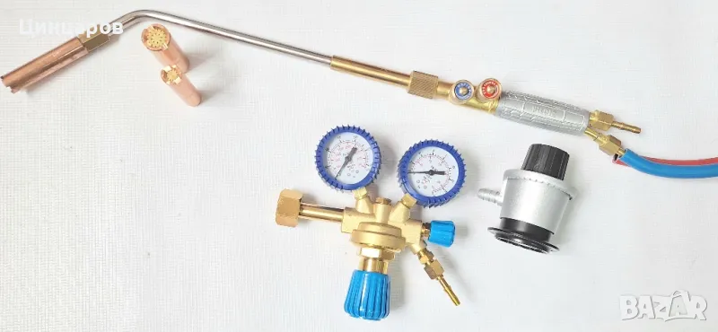 Горелка комплект с дюзи 3бр, маркуч, регулатори. Подгряване, топене метал, снимка 1