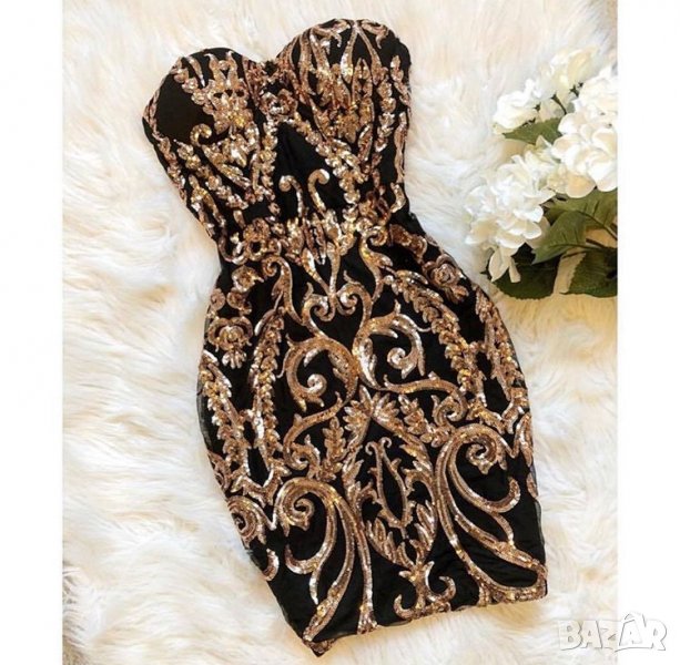 Луксозна къса черна официална рокля с пайети, снимка 1
