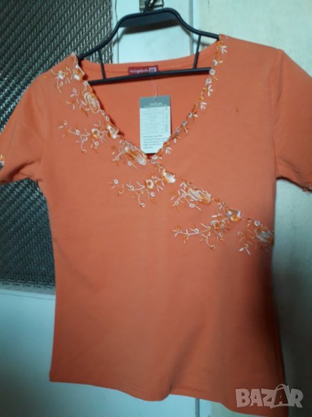 Дамска оранжева блуза с бродирани ивици, снимка 1