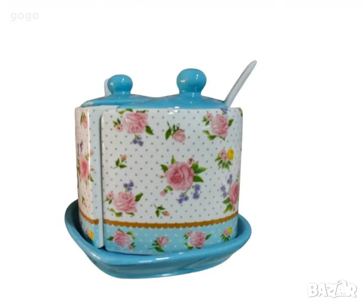 порцеланова захарница, с две лъжички, снимка 1