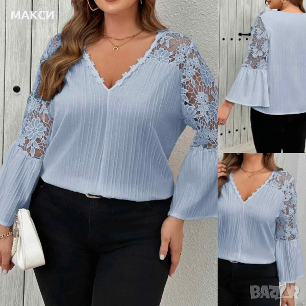 Макси елегантна ефирна блуза с красива дантела и клоширани ръкави в небесно синьо - лека, релефна и , снимка 1