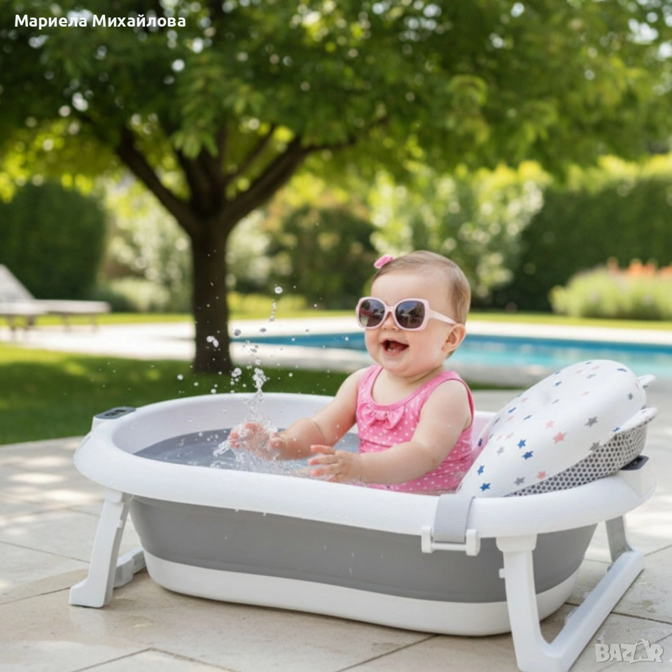 Сгъваема бебешка вана с термометър и възглавница., снимка 1