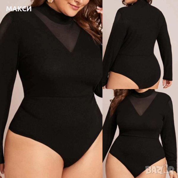 Макси луксозно силно еластично рипсено боди с ефектни прозрачни елементи в черно, снимка 1