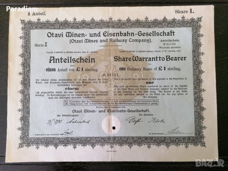 Акция | Otavi Mines & Railway Company | 1921г., снимка 1
