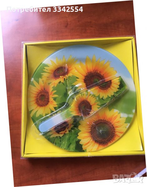 СТЪКЛЕНО ПЛАТО С ЛОПАТКА ЗА ТОРТА"СЛЪНЧОГЛЕДИ" НОВО, снимка 1