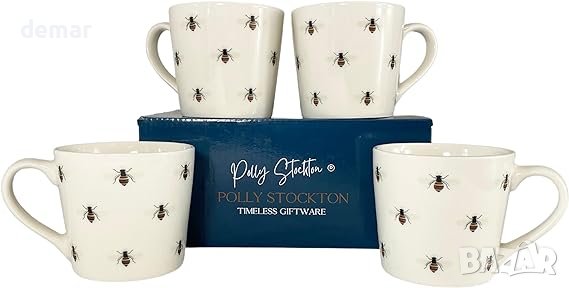 Комплект 4 чаши със животни от костен порцелан за топли напитки 400 мл - пчели, снимка 1
