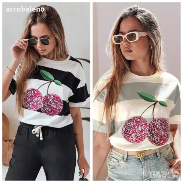 Дамска овърсайз тениска на райе SWEET DISCO, 2цвята , снимка 1