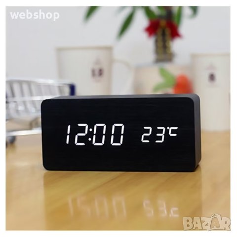 ПРОМО!! Дървен цифров часовник, бял LED дисплей, 12/24ч, аларма, дата, термометър, VST-862